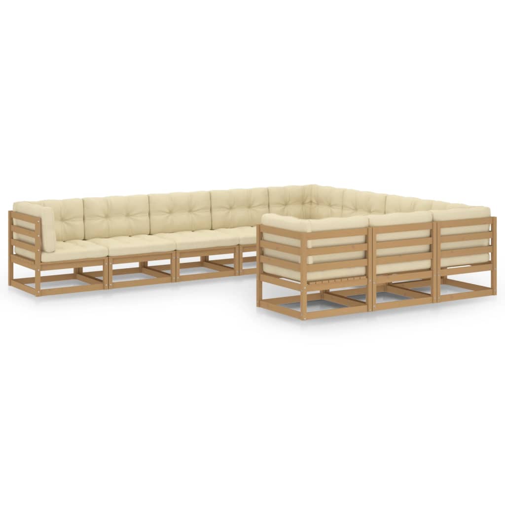 10-tlg. Garten-Lounge-Set Kissen Honigbraun Kiefer Massivholz
